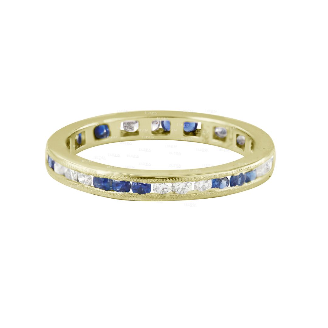 14K Gold Channel Set Genuine Diamond-Blue Sapphire Gemstone Engagement Ring