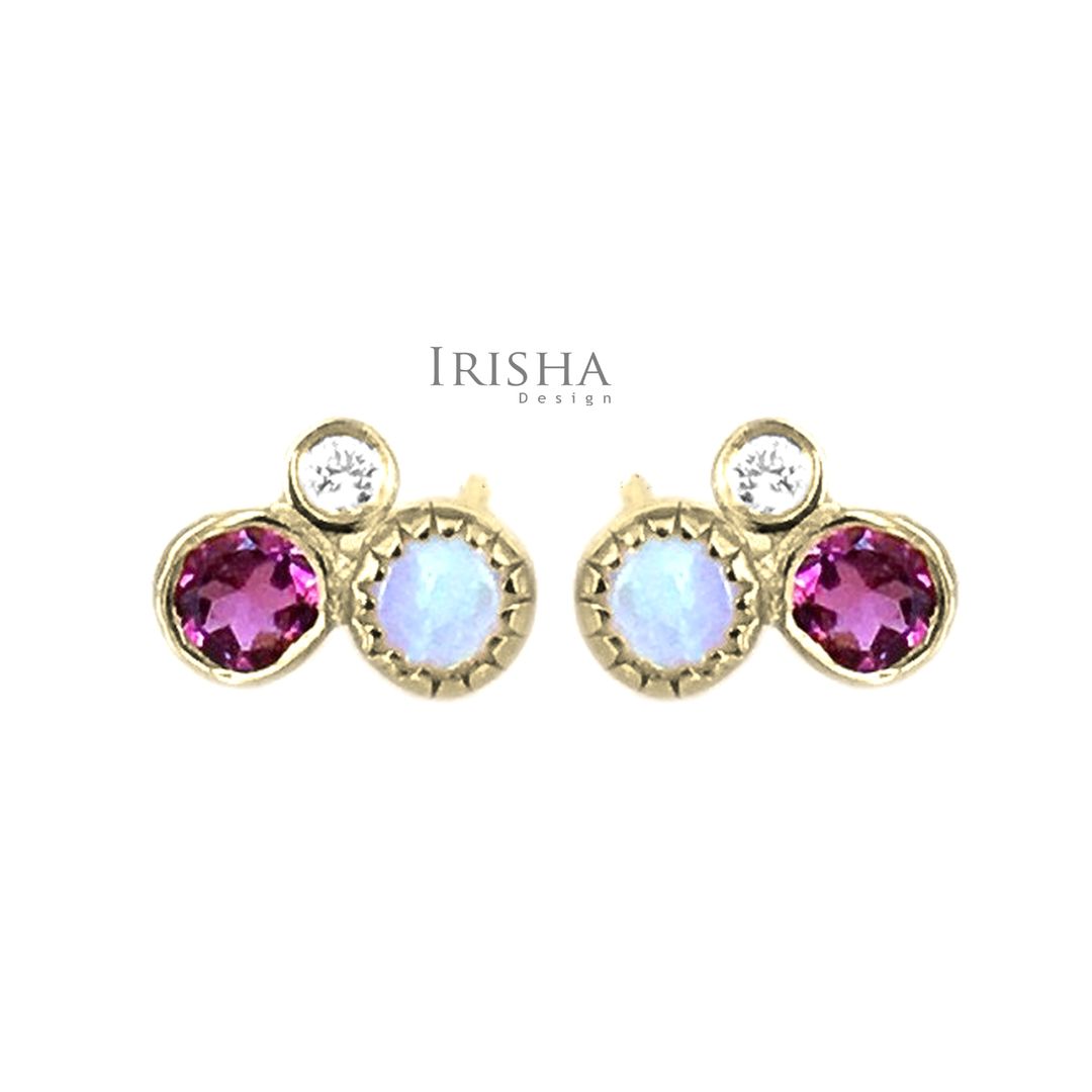 October Birthstone Opal Pink Tourmaline 14K Gold Diamond Studs Earrings Jewelry