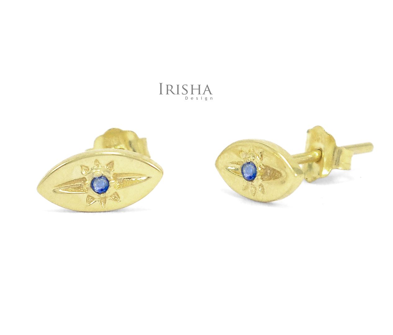 September Birthstone Genuine Blue Sapphire Evil Eye Earrings 14K Gold Jewelry