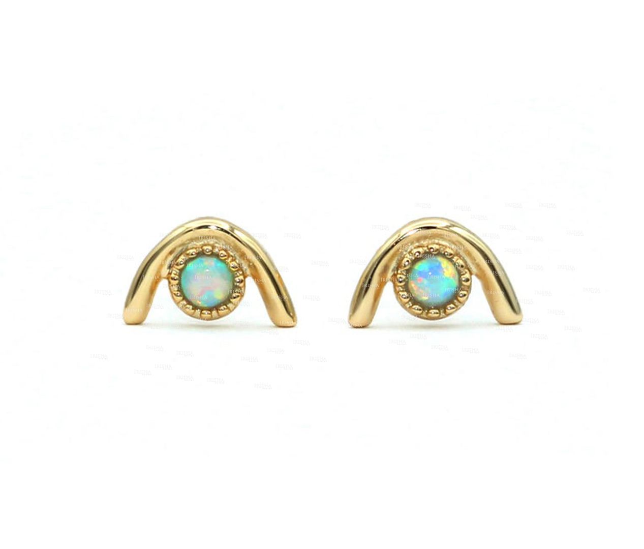 October Birthstone Genuine Opal Mini Half Moon Studs Earrings 14K Gold Jewelry