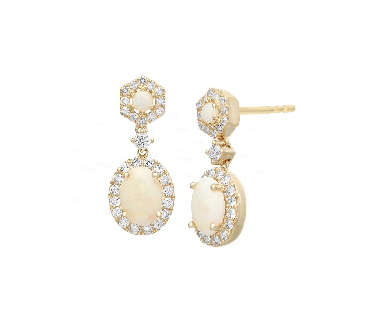 Genuine Diamond And October Birthstone Opal Wedding Drop Earrings 14K Gold Gift