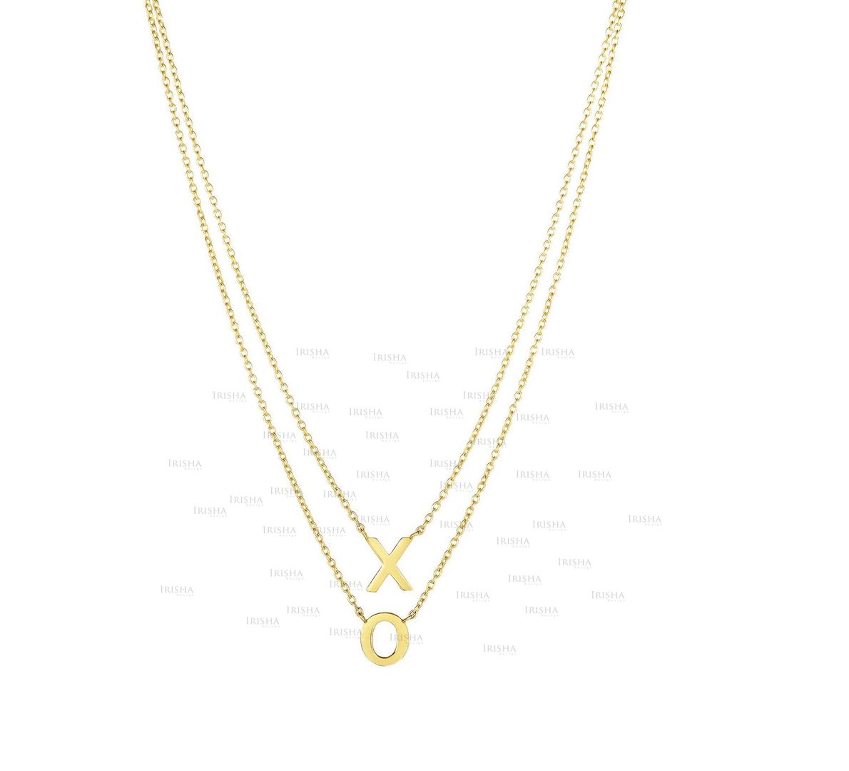 14K Yellow Gold 17" Shiny "XO" On Single Into Double Strand Oval Link Necklace