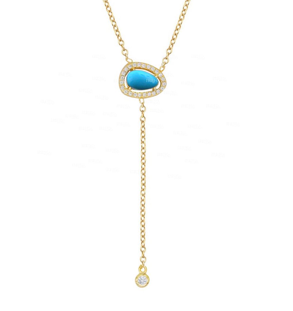 December Birthstone Genuine Turquoise Diamond 14K Gold Drop Lariat Necklace