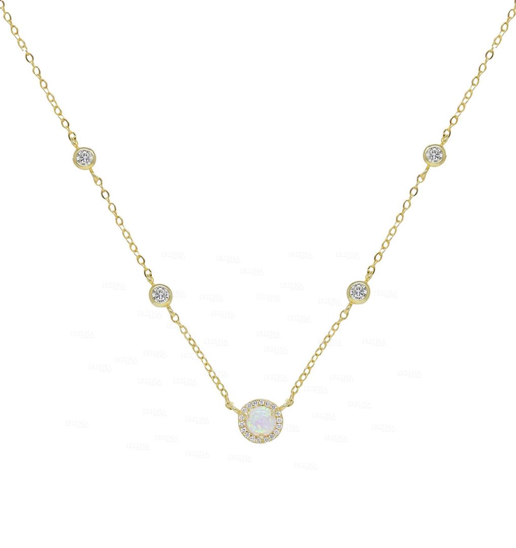 Genuine Diamond And Opal Gemstone 14K Gold Pendant Necklace Special Gift For Her