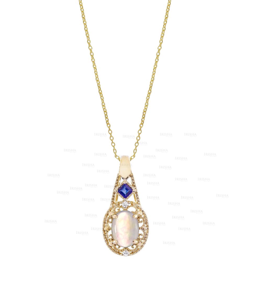 Genuine Diamond Opal Blue Sapphire Gemstone Pendant Necklace 14K Gold Jewelry