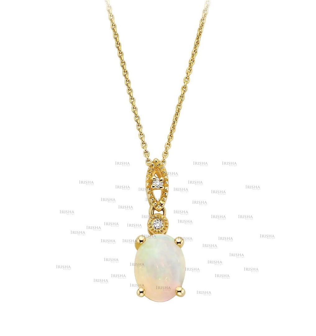 14K Gold Genuine Diamond And Opal Gemstone Evil Eye Pendant Necklace