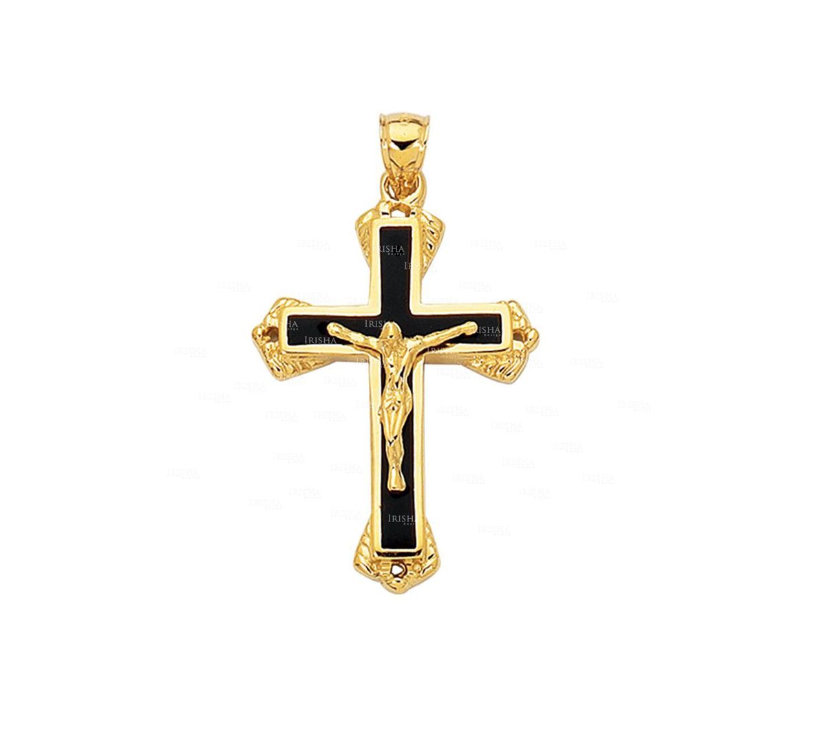 14K Yellow Gold Shiny Textured Fancy Black Cross with Figurine ChristmasPendant