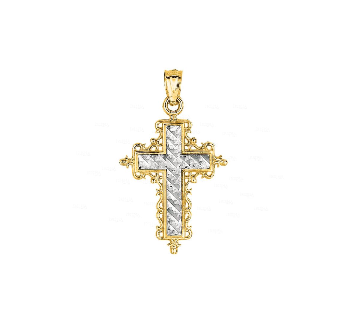 14K Yellow+White Gold Shiny Diamond Cut White Cross Pendant In Yellow Design