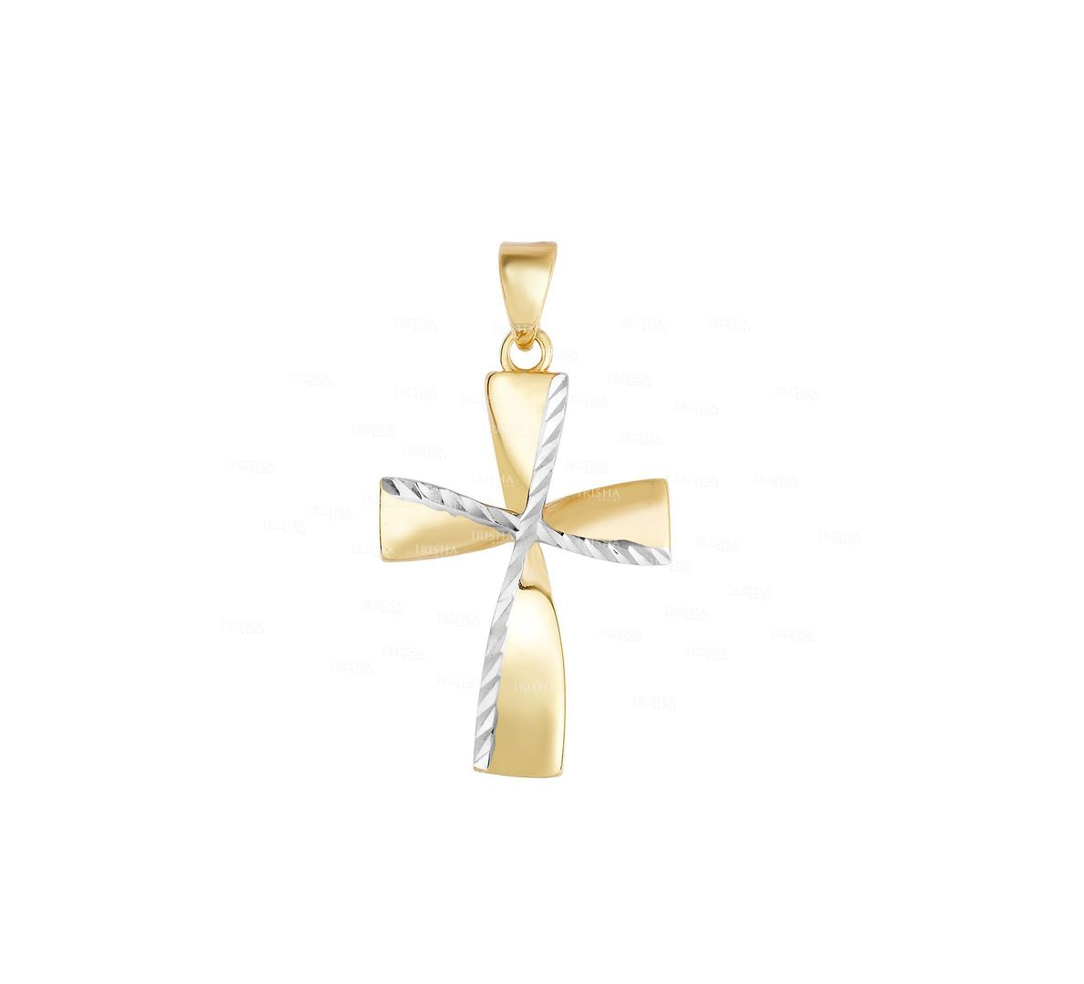 14K Yellow+White Gold Shiny+Diamond Cut Cross Pendant Jewelry Christmas Gift