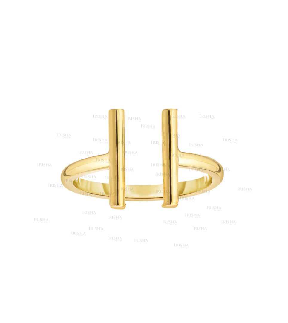 14K Yellow Gold Shiny Double Round Bar Open Cuff Ring Fine Jewelry Size-7 US