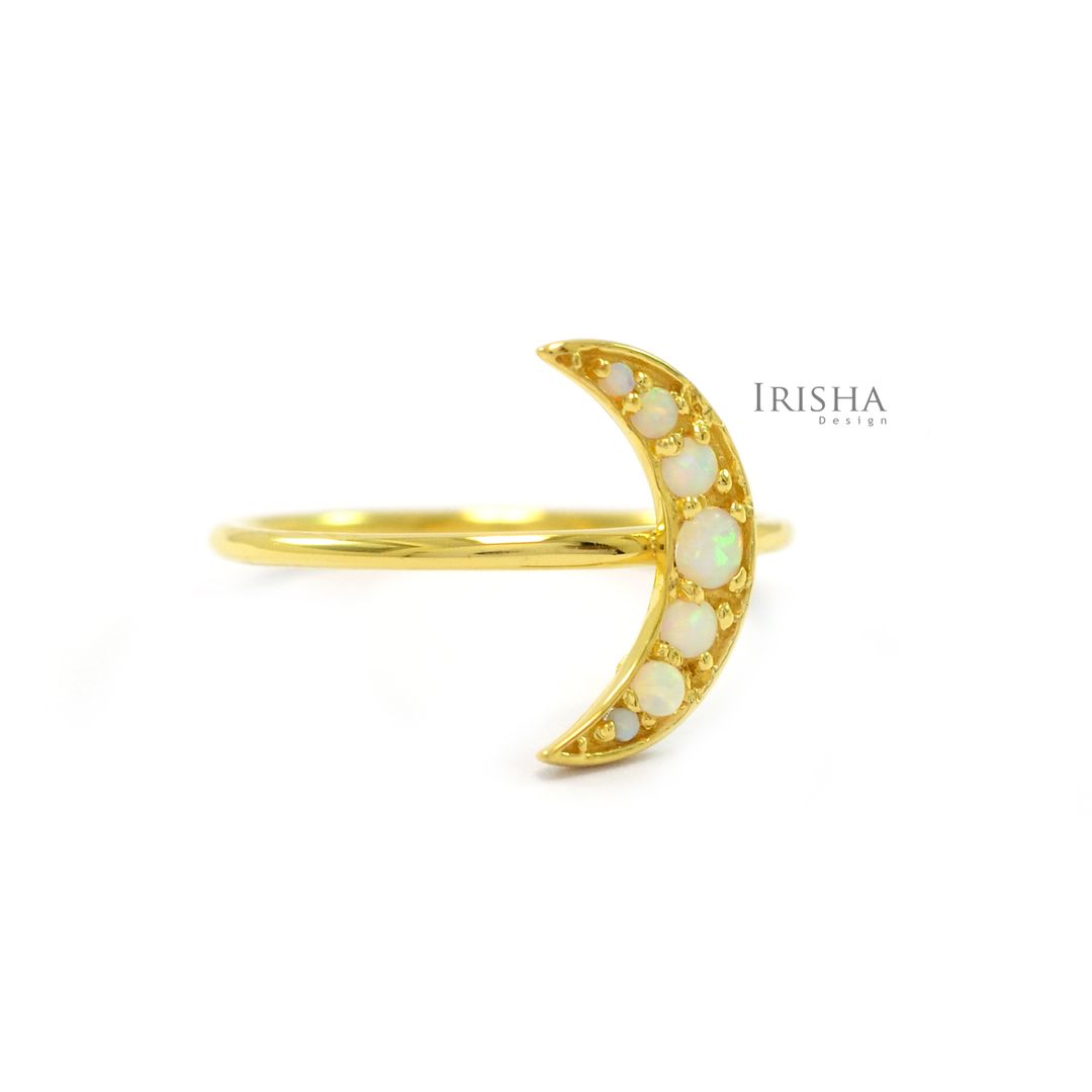 14K Gold 0.15 Ct. Genuine Opal Gemstone Crescent Moon Ring Christmas Jewelry