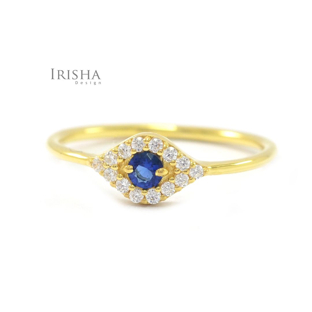 Evil Eye Ring Genuine Diamond And Blue Sapphire 14K Gold Fine Jewelry Size-3 to8