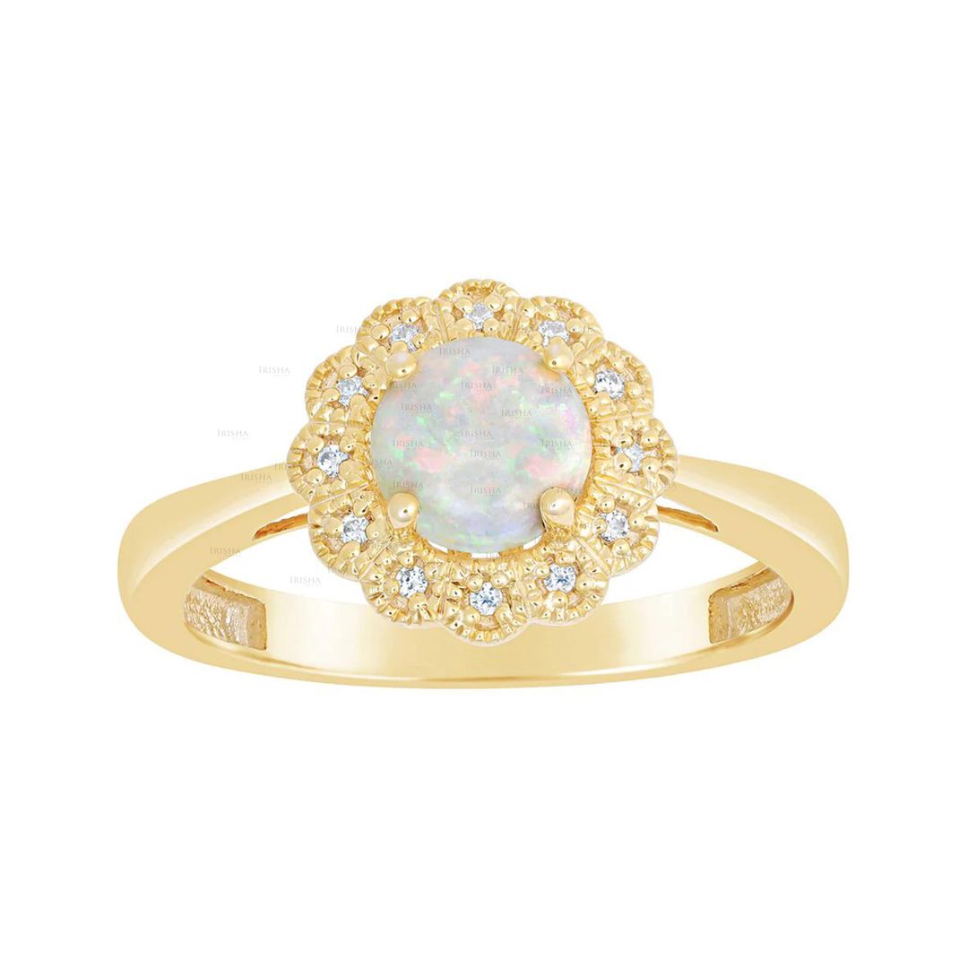 14K Gold Genuine Diamond And Opal Gemstone Floral Ring Fine Jewelry Gift
