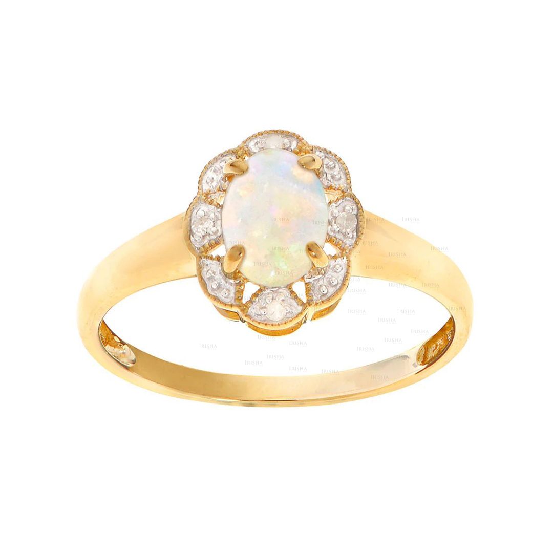 14K Gold Genuine Diamond And Opal Gemstone Floral Ring Jewelry Gift For Her