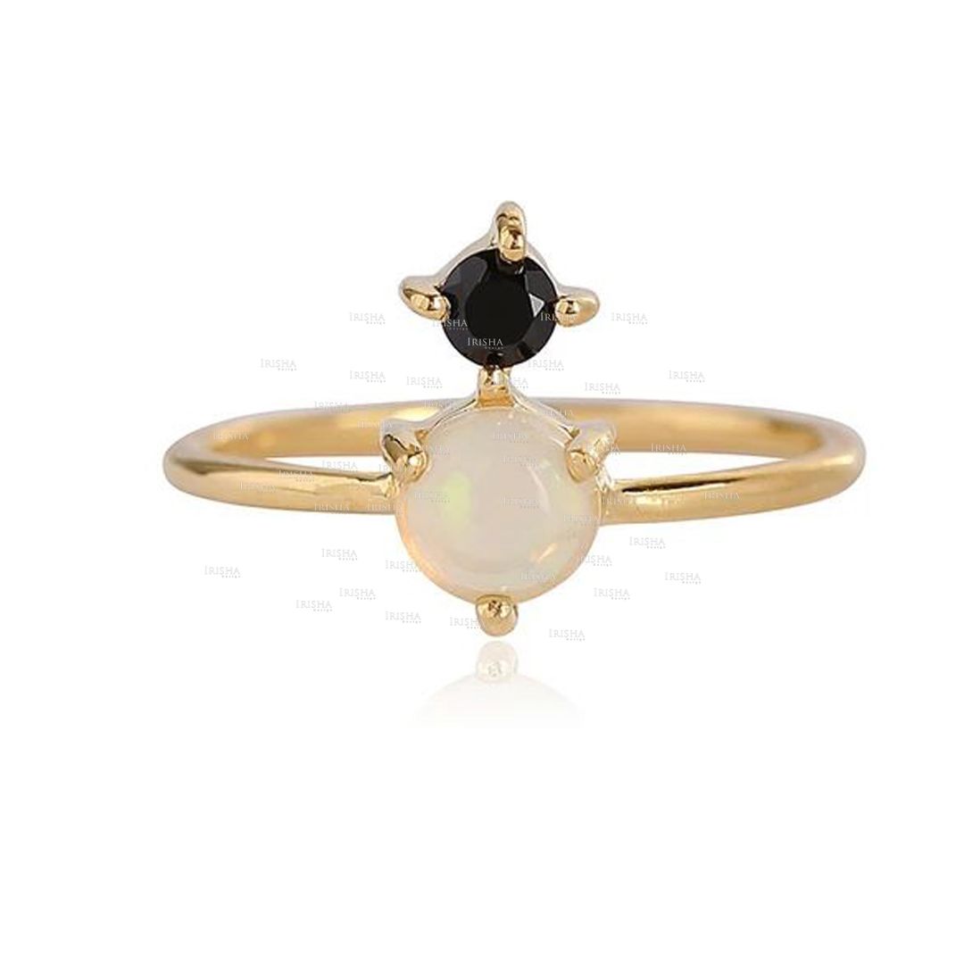 14K Gold Genuine Black Diamond And Opal Gemstone Stacking Ring Jewelry Gift