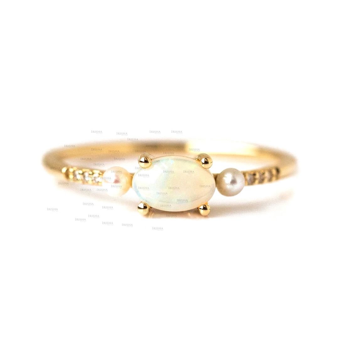 14K Gold Genuine Diamond Opal And Pearl Vintage Inspired Ring Fine Jewelry