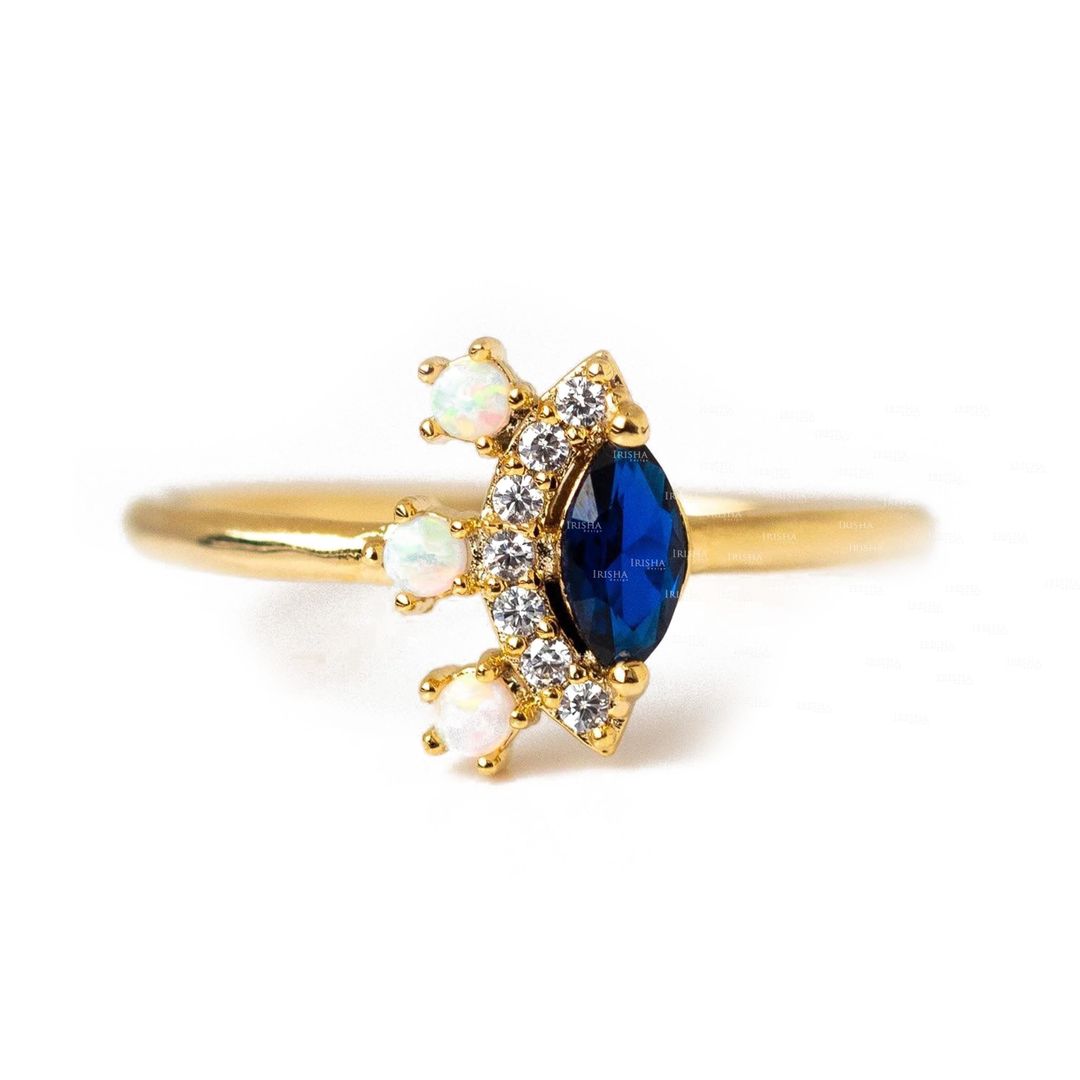 14K Gold Genuine Diamond Opal Blue Sapphire Gemstone Ring Fine Jewelry Gift