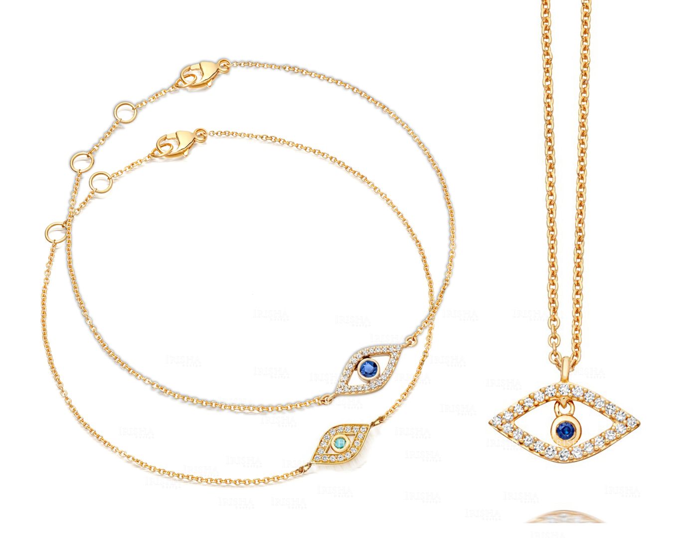 Genuine Diamond Blue Sapphire Turquoise Evil Eye Bracelet 14K Gold Necklace Set