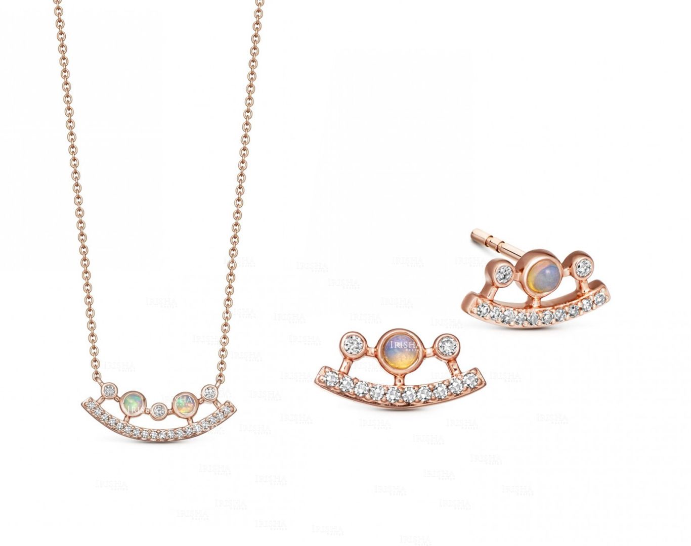 Genuine Diamond And Opal Gemstone Curved Earrings Necklace 14K Gold Jewelry Set