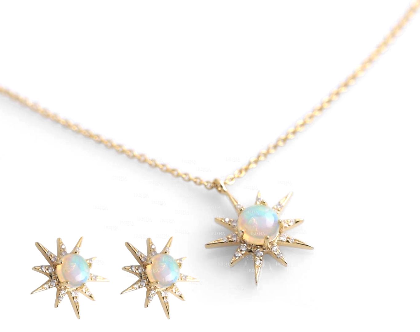Genuine Diamond And Opal Gemstone Sun Earrings Necklace 14K Gold Jewelry Set