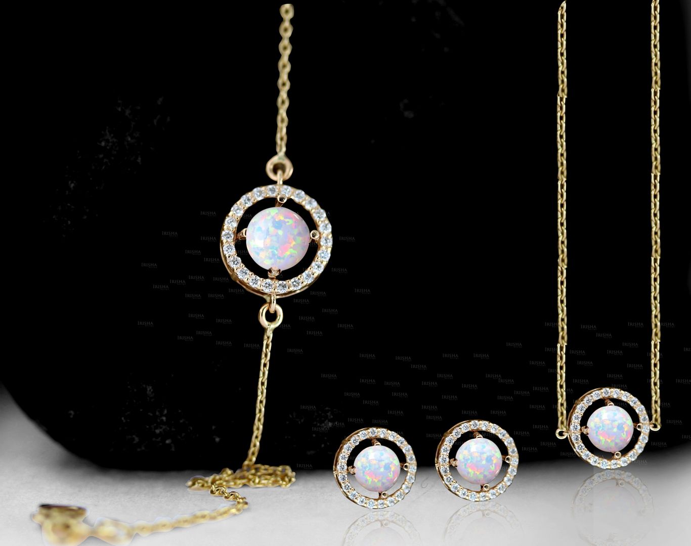 Genuine Diamond Opal Gemstone Circle Earrings Bracelet Necklace 14K Gold Set
