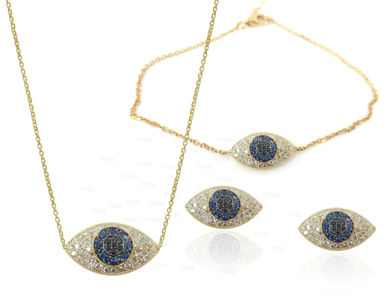 Genuine Diamond Blue Sapphire Evil Eye Bracelet Necklace Earrings 14K Gold Set