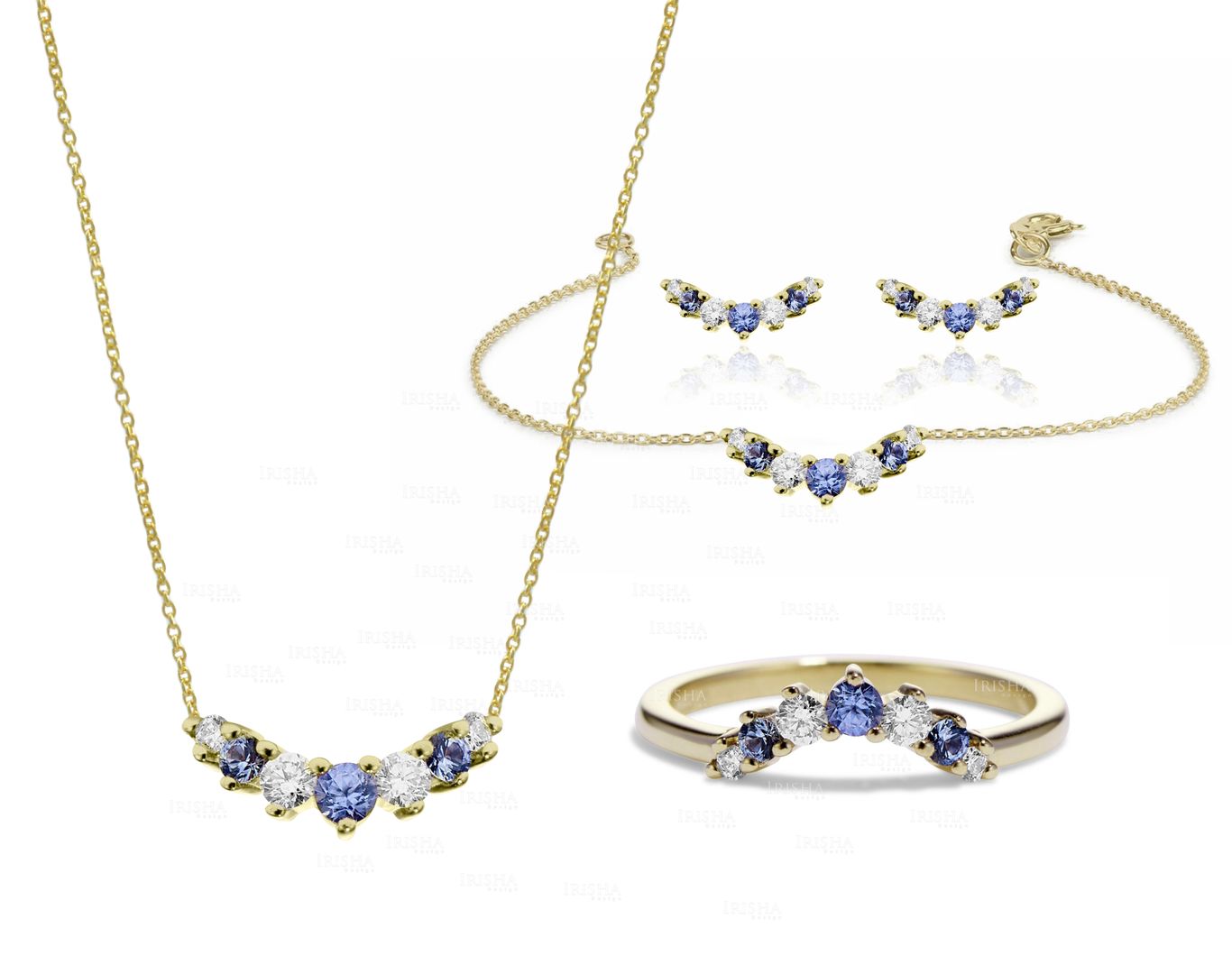 Genuine Diamond Blue Sapphire Curved Ring Earring Bracelet Necklace 14K Gold Set
