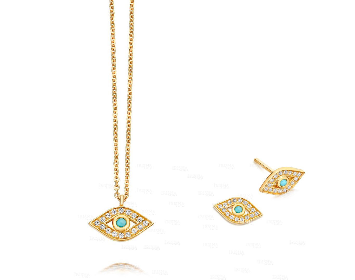 Genuine Diamond And Turquoise Evil Eye Earrings Necklace 14K Gold Jewelry Set