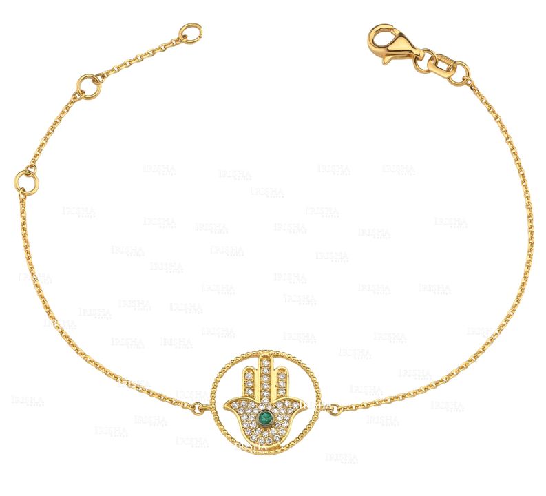 14K Gold Genuine Diamond And Emerald Gemstone Beaded Circle Hamsa Hand Bracelet