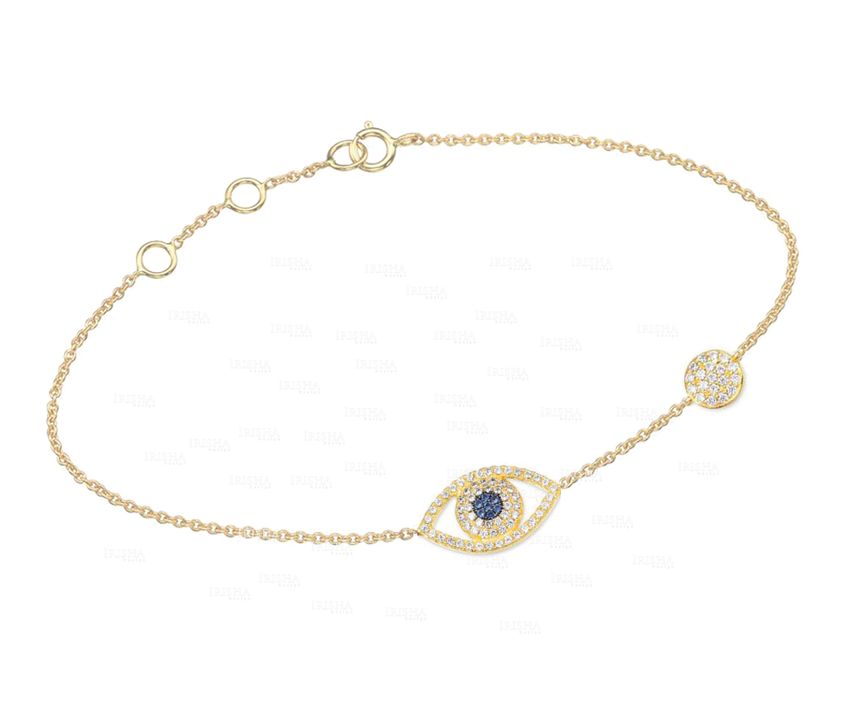 14K Gold Genuine Diamond Blue Sapphire Gemstone Evil Eye Disc Charm Bracelet