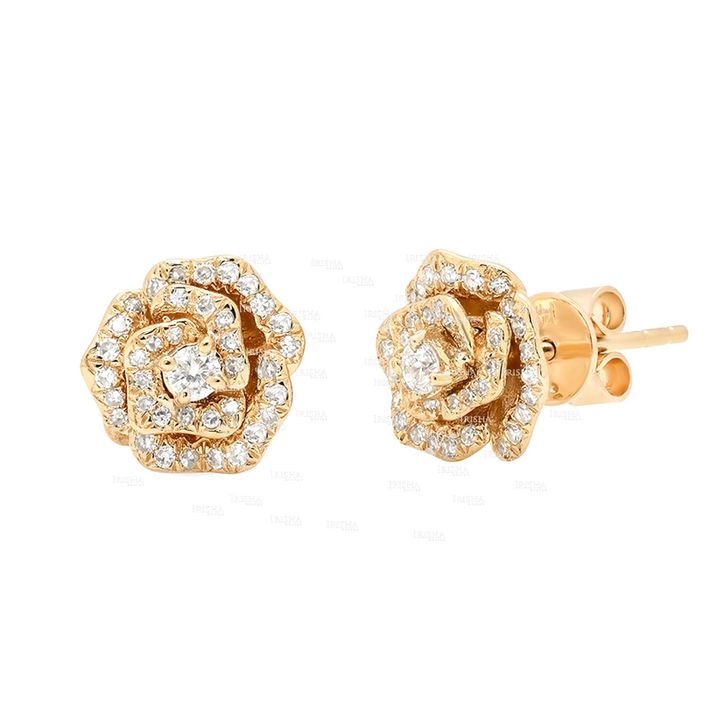 14K Gold 0.60 Ct. Genuine Diamond Rose Flower Studs Earrings Gift For Her