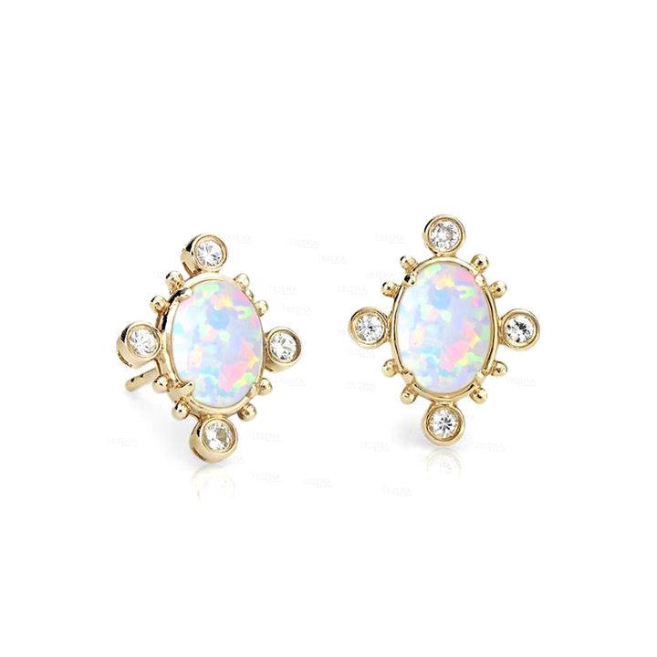 14K Gold Genuine Diamond And Opal Gemstone Studs Earrings Fine Jewelry
