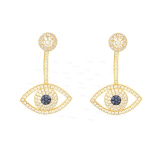 14K Gold Genuine Diamond And Blue Sapphire Evil Eye Disco Ball Jacket Earrings