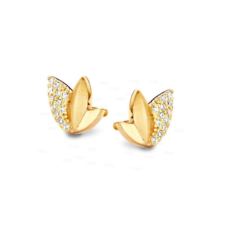 14K Gold 0.16 Ct. Genuine Diamond Lotus Flower Tiny Studs Earrings Fine Jewelry