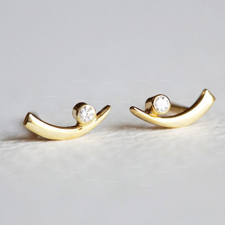 14K Gold 0.10 Ct. Genuine Diamond Curved Bar Minimalist Studs Earrings