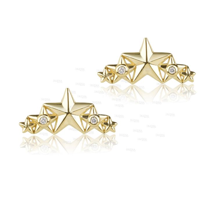 14K Gold 0.12 CT. Genuine Diamond Three Star Studs Earrings Celestial Jewelry