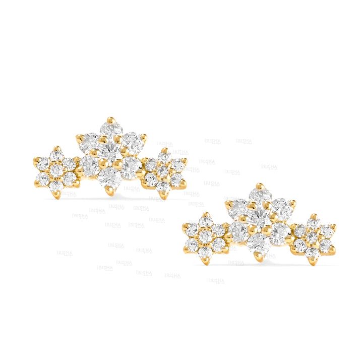 14K Gold 0.70 Ct. Genuine Diamond Three Flower Design Wedding Studs Earrings