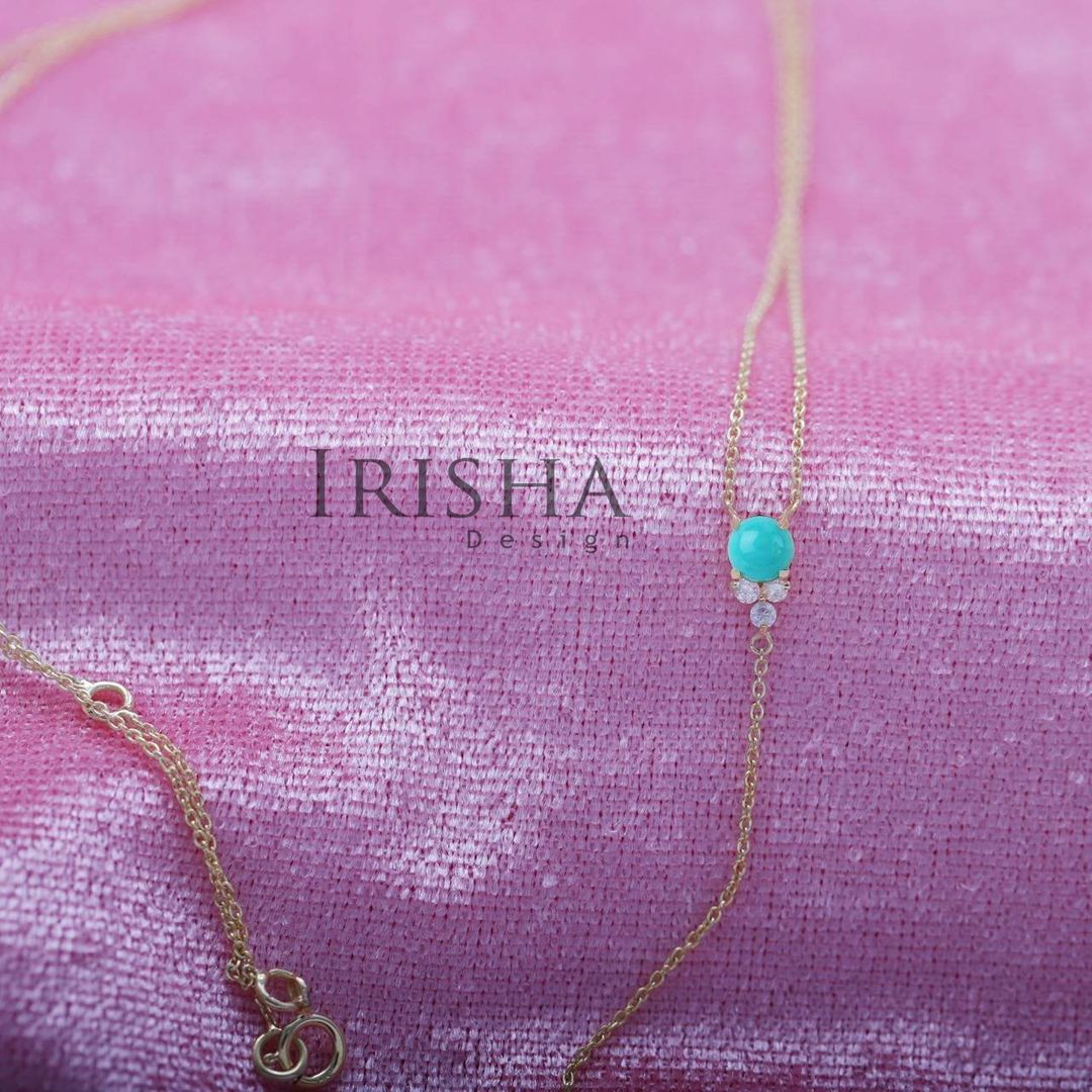 14K Gold Genuine Diamond -Turquoise Gemstone Drop Lariat Necklace Fine Jewelry