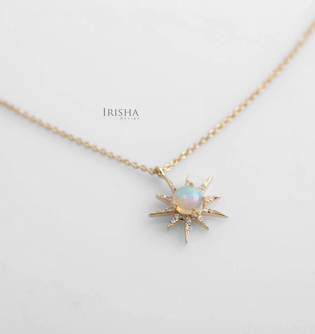 14K Gold Genuine Diamond - Opal Gemstone Sun Charm Pendant Necklace Fine Jewelry