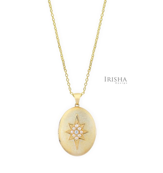 Genuine Diamond And Freshwater Pearl Starburst 14K Gold Pendant Necklace