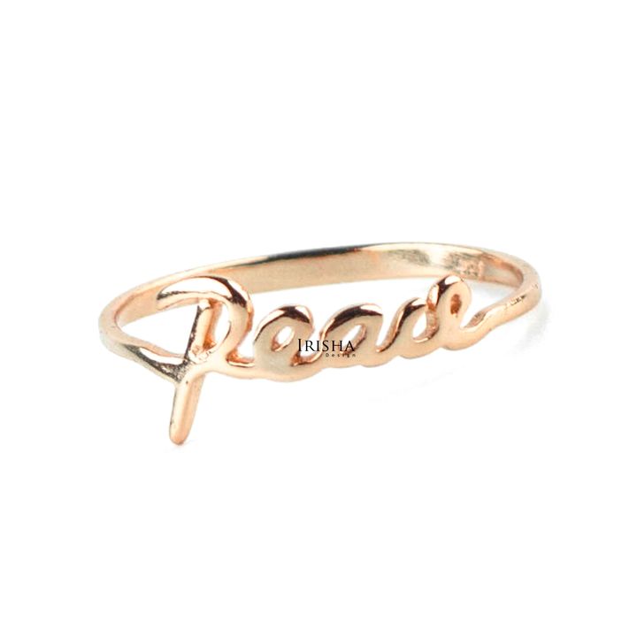 14K Solid Gold Peace Script Ring Christmas Gift Personalized Fine Jewelry