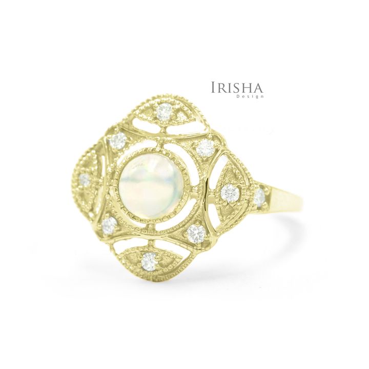 Genuine Diamond-Opal Gemstone Engagement Vintage Ring 14K Gold Fine Jewelry