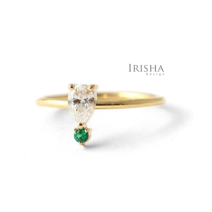 14K Gold Genuine Pear Shape Diamond (0.20 Ct.) And Emerald Gemstone Wedding Ring
