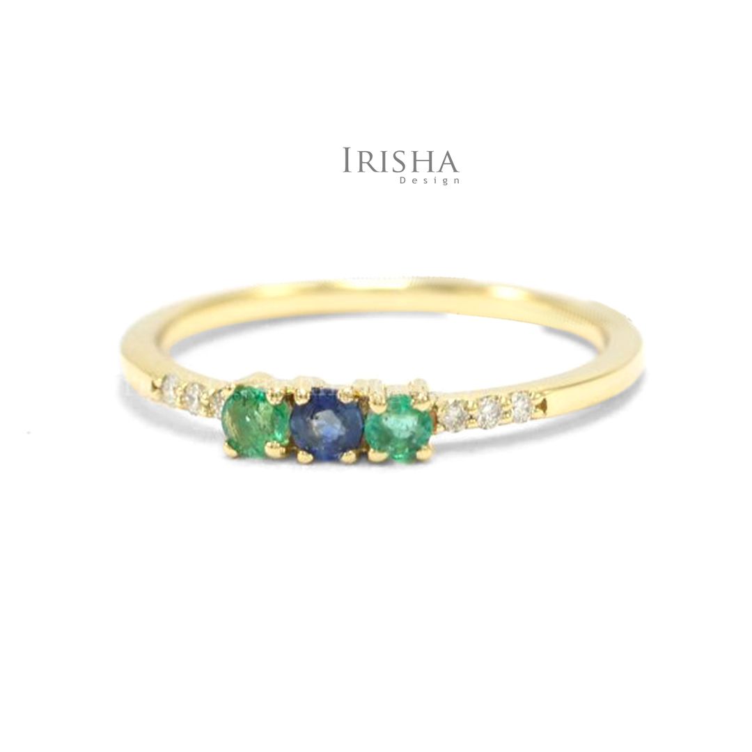 14K Gold Genuine Diamond Emerald And Blue Sapphire Gemstone Wedding Ring