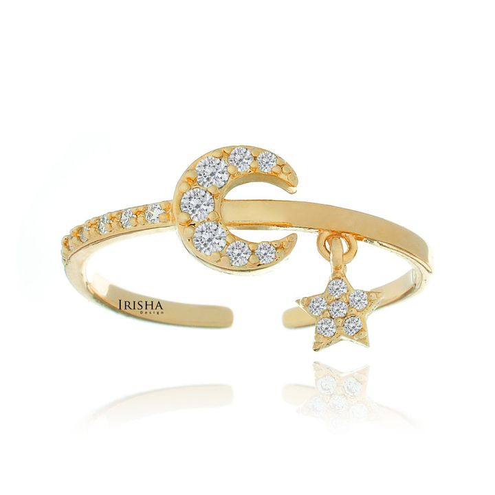 14K Gold 0.23 Ct. Genuine Diamond Crescent Moon Star Cuff Ring Fine Jewelry