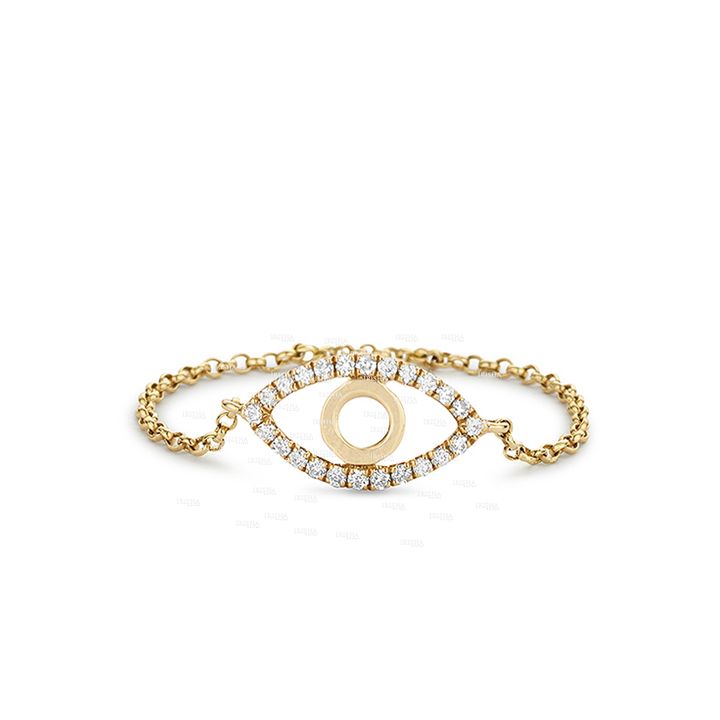 14K Gold 0.12 Ct. Genuine Diamond Evil Eye Chain Ring Christmas Gift Jewelry