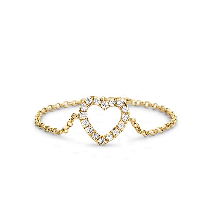14K Gold 0.14 Ct. Genuine Diamond Heart Chain Ring Thanksgiving Gift Jewelry