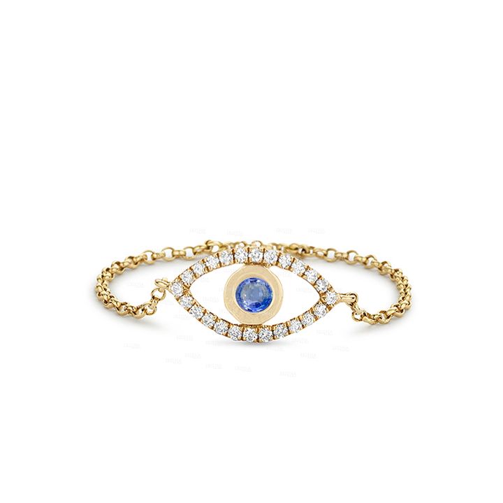 14K Gold Genuine Diamond And Blue Sapphire Evil Eye Chain Ring Christmas Gift