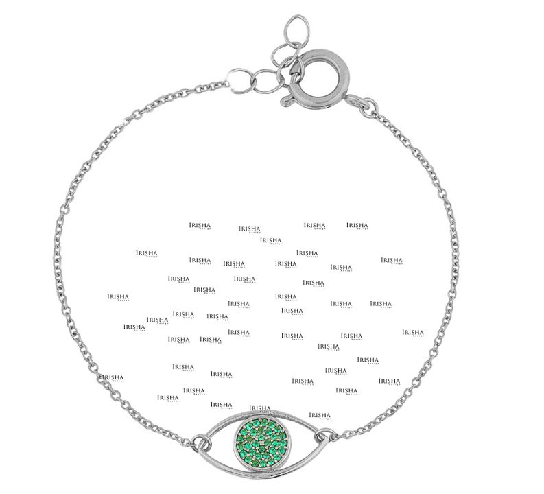 14K Gold 0.16 Ct. Genuine Emerald Gemstone Evil Eye Charm Bracelet Fine Jewelry