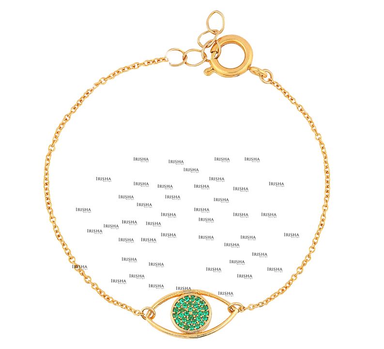 14K Gold 0.16 Ct. Genuine Emerald Gemstone Evil Eye Charm Bracelet Fine Jewelry